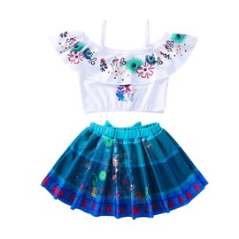ATIMIGO Traje de baño Mirabel de dos piezas con volantes para niñas pequeñas, Azul / Patchwork, 7-8 Años