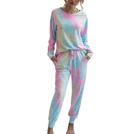 ASOMI Women's Long Pyjamas Long Sleeve Top Long Trouser Suit Tie Dye Two Piece Nightwear Loungewear with Pockets, 035 Pink Blue Green