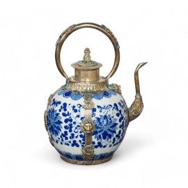 China Furniture and Arts US Seller - Blue and White Tibetan Porcelain Teapot with Brass Embellishments