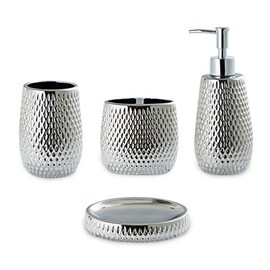 Silver Bathroom Accessory Set 4 Piece Ceramic Bath Accessories Sets Complete, Rain- Drop Shaped Bathroom Essential with Toothbrush Holder & Dish, Tumbler,Soap Dispenser Set for Bath Decor