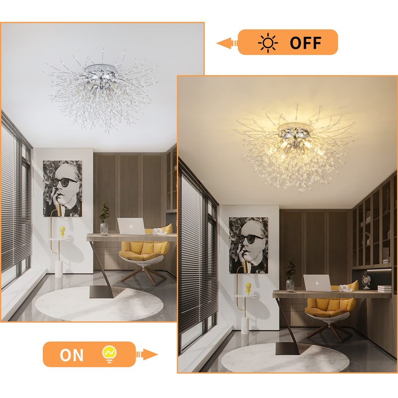 Chrome Firework Flush Mount Ceiling Light Fixture, Modern Crystal Sputnik