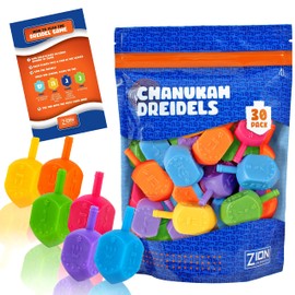 Zion Judaica Plastic Hanukkah Dreidels Assorted Colors w/Hebrew & English Transliteration Bulk Pack Chanukah Driedels in Ziplock Bag Traditional Hanukah Game Colorful Spinning Top Chanukkah Toy 30-PK