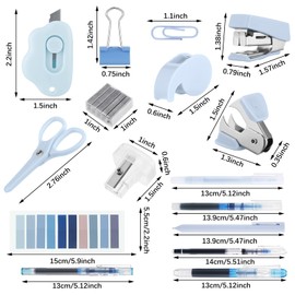 Colarr Mini Office Supply Kit Includes Stapler Tape Dispenser Staple Remover Paper Clips Scissor Staples Pen Sharpener Note Small Telescopic Knife for Office and School Clerk Student (Blue)