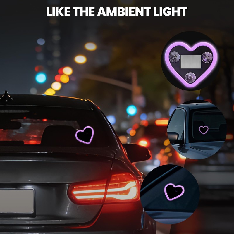 Car LED Ambient Light, Solar-Powered Heart-Shaped LED Neon Light, 5