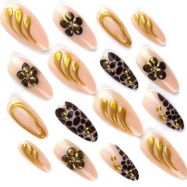 ＴＩＺＹＦＦ Press on Nails, 3D Gold Line Leopard Fake Nails, Artificial Nails for Women and Girls -24 pcs