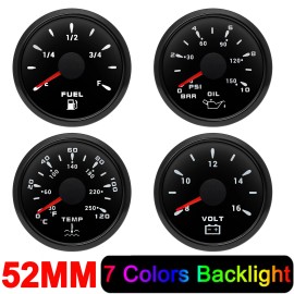 MAIMEIMI 4 Gauges Set 52mm Fuel Level Gauge Oil Pressure Water Temperature Volt 7 Colors