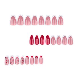 Short Almond Fake Nails 24Pcs Red Pink & White French Tip Glue on Nails - Cherry Design Press on Nails Acrylic Full Cover Reusable Artificial Stick on Nails Cute False Nails for Women‌ Girls