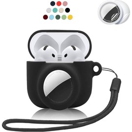 2 in 1 Silicone Case Compatible with AirPod 4 and AirTag,Anti-Scratch Anti-Lost Protective Skin Cover for AirPods 4th Generation with 2 PCS TPU Screen Protector&Lanyard - Color: Black