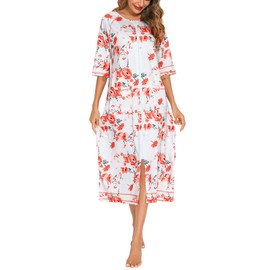 Veseacky Women Robe Zipper Front House Coat 3/4 Sleeve Nightgown Full Length Ladies Lounge Dress with Pockets S-XXL, Veb- Rose, Medium