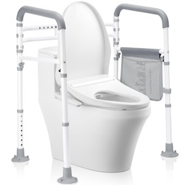 Toilet Safety Rails-Adjustable Toilet Safety Frame, FoldableTtoilet Support Rails with Handles, Heavy Duty Toilet Handles for Elderly, Seniors, Handicap & Disabled-Fits Most Toilets