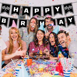 AOZUO Race Car Happy Birthday Banner, Race Car Birthday Decorations Black White Checkered Flag Banner Racing Themed Party Supplies