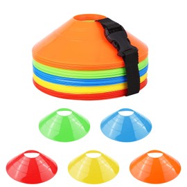 Fousenuk Pack of 50 Football Cones Set, Round Marker Cones with Stand, Sports Cones, Marking Discs, Football Cones for Hockey, Ice Skating, Handball, Coordination Training (5 Colours)