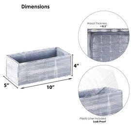 CYS EXCEL Natural White Wood Rectangle Planter Box with Removable Plastic Liner (H:4" Open:10"x5") | Multiple Color Choices Rustic Wooden Planters | Indoor Decorative Box