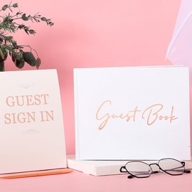 RUIFUNETEK 3 Pcs Hard Cover Wedding Guest Book Set Including White Romantic Wedding Guest Signature Book, Guest Sign In Table Card and Rose Gold Ballpoint Pen for Wedding, Reception, Special Events