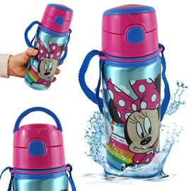 HOVUK 600ml Minnie Mouse Water Bottle with Carry Strap, Push Button Leak-Proof Bottle with Spout Cover for Back to School, Sports or Travel Summer Bottle for Kids Backpack 3+Years