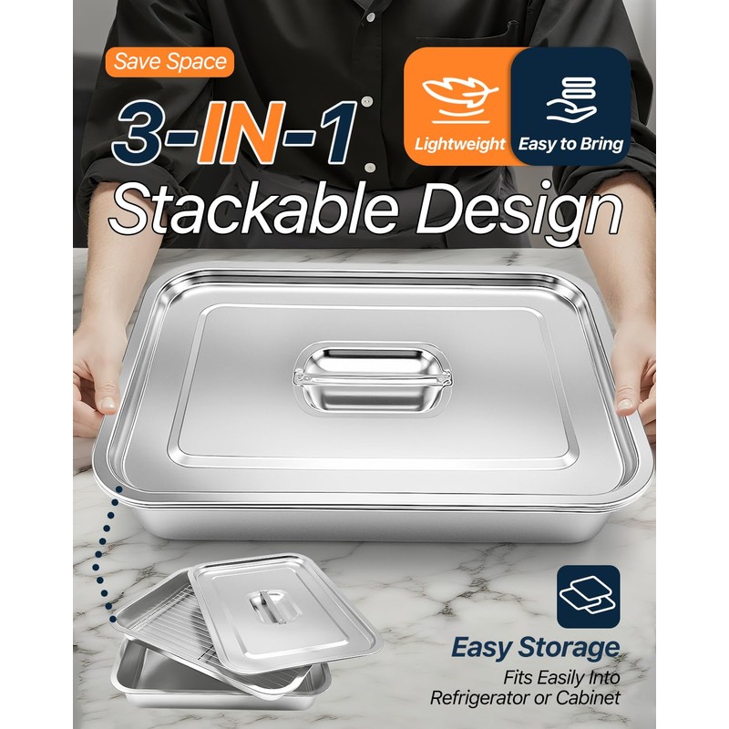 Matchwaves Grilling Prep and Serve Trays with Lid, Stainless Steel