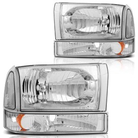 ANGLEWIDE Headlight Assembly Replacement For Ford Super Duty For F-450/For F-550 1999-2004,For Excursion 2000-2004,For F-250/For F-350 Super Duty 1999-2005 Chrome Housing Amber Reflector Clear Lens