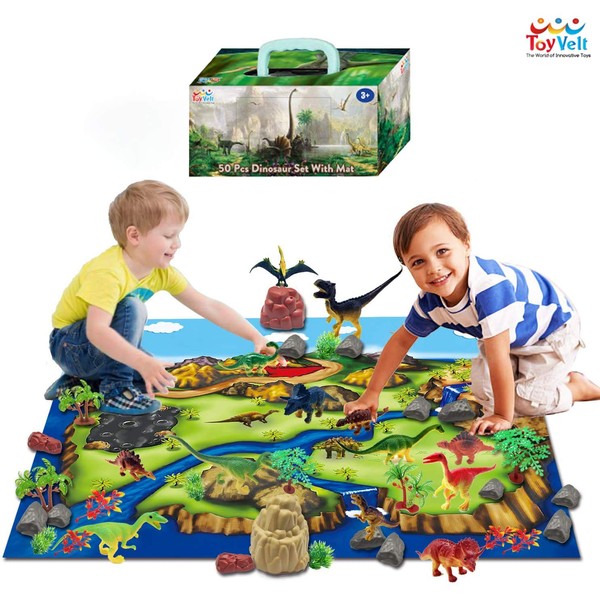 ToyVelt Dinosaur Play Set Dinosaur Toys Includes Dinosaur Figures, Trees, Rocks, PlayMat, And A Beautiful Container Create a Dino World Great Gift for Boys & Girls Ages 3,4,5,6, and Up UPDATED VERSION
