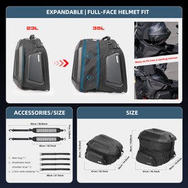 abamita Rhinowalk Motorcycle Tail Bag Waterproof 23-35L Expandable Motorbike Helmet Bag Luggage Bag Storage Bag with Sissy Bar Straps Carbon Fiber Black