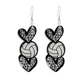 Acrylic Sports Ball Heart Shaped Dangle Drop Earrings for Women Cute Football Basketball Volleyball Baseball Softball Leopard Print Love Shape Earrings Sport Game Day Jewelry Gift-Volleyball