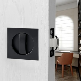 Pocket Door Lock,Privacy Square Pocket Door Hardware,Invisible Sliding Door Lock Keyless(2-3/8" Backset),Flush Pocket Door Locks (Matte Black Square)