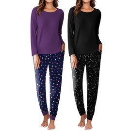 Ekouaer 2 Pack Womens Pajamas Set Long Sleeve Sleepwear Top and Jogger Pants Lounge Sets Cozy Pjs Loungewear,X-Large