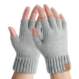 YouGa Fingerless Gloves for Men - Winter Knitted Gloves Thermal Fingerless Gloves Half Finger Gloves Fleece Lined for Outdoor Working Driving Running Cycling (LightGrey)