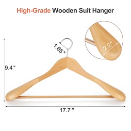 TOPIA HANGER Wide Shoulder Wooden Hangers, Suit Hangers with Non Slip Pants Bar & 360° Swivel Hook, Solid Wood Heavy Duty Coat Hanger, 6 Pack (Natural)-CT02NA