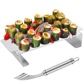 Abizarch 2Pcs Jalapeno Poppers Rack for Grill with Pepper Corer Tool, 18 Holes Poppin Popper holder jalapeños Vooker Pepper Grilling Rack, Stainless Steel Chili Roasting Rack BBQ Pepper Holder