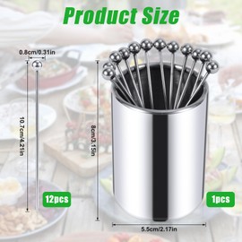 12pcs 10.7cm Metal Cocktail Picks with Holder Storage Bucket, Stainless Steel Cocktail Skewers Cocktail Toothpicks for Drink Cheese Fruits Sandwiches Reusable Appetizer Skewers for Party Supplies