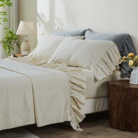 Simple&Opulence 100% Organic Cotton Bed Sheet Set Elegant Shabby Chic Bedding (1 Flat Sheet, 1 Fitted Sheet and 2 Ruffled Pillowcases) with Charming Feminine Long Ruffle Trim - Beige, Full