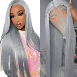 Valiilo Grey Wig 13x4 Gray HD Lace Front Wigs Human Hair Straight Glueless Wigs Human Hair with Baby Hair Pre Plucked Grey Wig Human Hair for Women 18 Inch