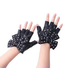 Pokinge PU Leather Fingerless Gloves, Punk Hip Hop Half Finger Dance Gloves, Large Bowknot Half Finger Mittens Costumes for Women Girls (Black)