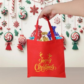 JHYINGZI 24 Pieces Christmas Gift Bags, Reusable Non-Woven Candy Bags and Favors Bags with Various Rainbow Colors and Reindeer Stamping Designs - Multi-Functional Tote Bag