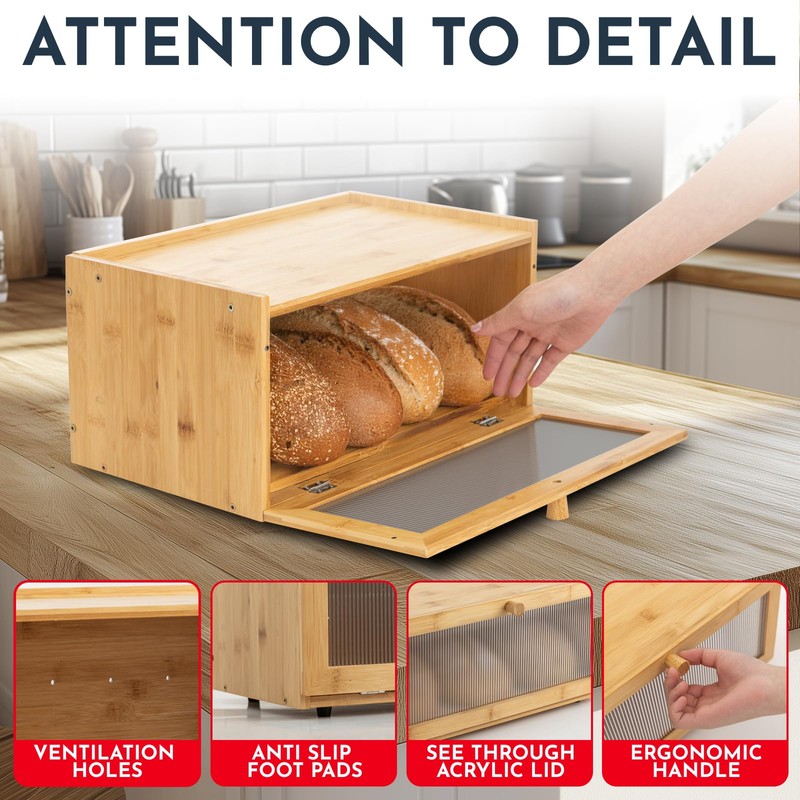 Culinary Couture Bamboo Bread Box for Kitchen Countertop - Large