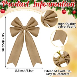 Solsew 24 Pcs Christmas Velvet Bows 5 x 7.9 Inch Rustic Velvet Christmas Tree Bows Vintage Tree Ornaments for Xmas Holiday Garland Home Decor Wedding Outdoor Indoor Decoration(Camel)