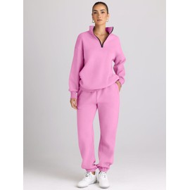 AUTOMET Women's Sweatsuits 2 Piece Outfits Long Sleeve Half Zip Pullover and Baggy Sweatpants with Pockets Pink M