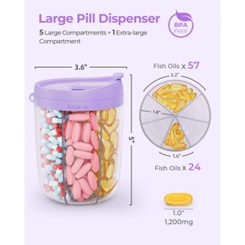 AMOOS Large Pill Dispenser with 6 Compartments, Anti-Mix Pill Bottle Organizer with Wide Opening & Easy Retrieval, Vitamin Organizer for Travel, BPA-Free Pill Box with a Strap, Purple