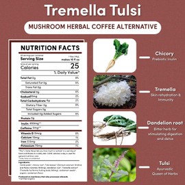 Teeccino Tremella Tulsi Coffee Alternative - Cardamom - Organic Adaptogenic Herbal Mushroom Coffee, Medium Roast, Caffeine Free, Prebiotic, Acid Free, Gluten Free - 10 Oz