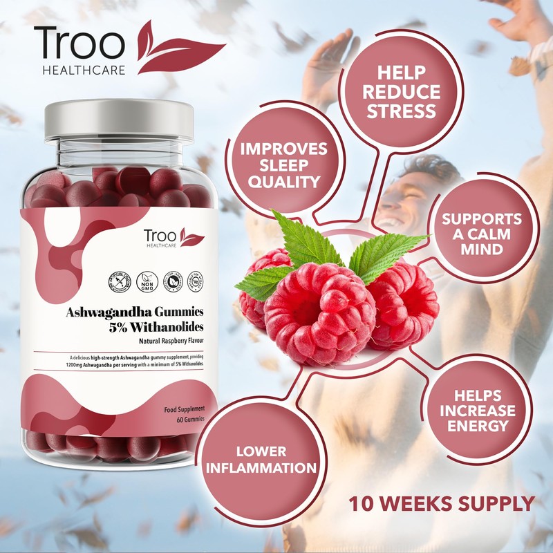 Ashwagandha Gummies 1200mg - 60 Delicious Natural Raspberry Flavour Gummy