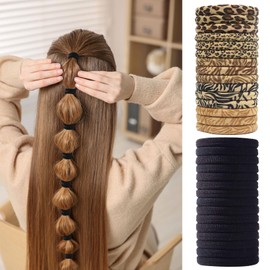 Hair Ties No Damage for Women - 30 PCs Black and Leopard Print Seamless Hair Ties Soft and Stretchy Nylon Fabric Ponytail Holders, Elastics Hairs Bands for Thick Heavy &Curly Hairs