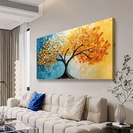 Blue and Yellow Canvas Wall Art Bedroom Wall Decor Living Room,Abstract Tree Leaves Wall Art Office Kitchen Paintings Artwork Modern Golden LeafPictures Art Prints Waterproof Ready to Hang-20x40inch