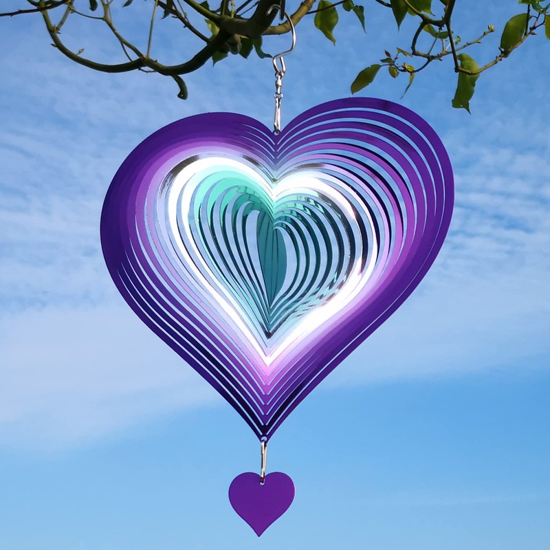 DJUAN Wind Spinner Purple-Green Gradient Love Heart 3D Metal Hanging