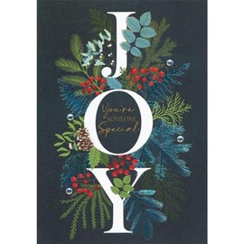 Designer Greetings Vertical JOY with 3D Pine Cone, Branches and Gems Hand Decorated Christmas Card for Someone Special