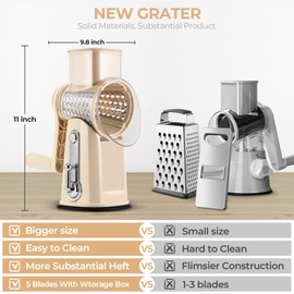 SUSTEAS SUSTEAS Rotary Cheese Grater with Handle - Vegetable Shredder with 5 Well-designed Blades & Strong Suction Base,Round Mandoline Slicer & Food Chopper for Kitchen,with Blade Storage Box(Beige)