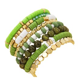 8Pcs Heishi Beaded Stretch Bracelets Bohemian Stackable Bracelet Heart Clay Gold Beaded Bracelet for Women Multi-Layer Friendship Summer Beach Jewelry-green
