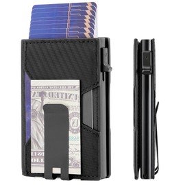 Men's Slim Wallet - RFID Blocking Fiber Leather Wallet with Money Clip Pop-Up Card Wallet Metal Aluminum Credit Card Holder Bifold Wallet Black Men Women Wallet, Carbon Fiber Black, New Style