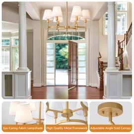 QMNHAU Gold Chandelier for Dining Room, 6-Light Modern Farmhouse Brass Kitchen Chandeliers with White Fabric Shade, 27'' Rustic Vintage Hanging Pendant Light Fixture for Living Room Bedroom Foyer