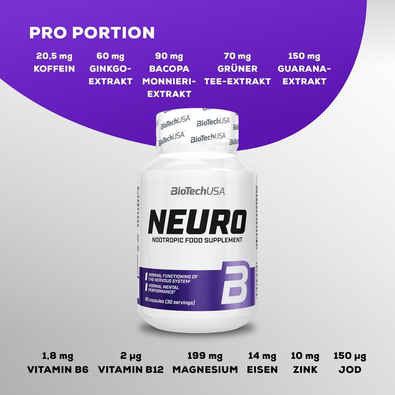 BioTechUSA Neuro Dietary Supplement Capsules with Plant Extracts, Vitamins and