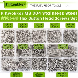 810Pcs M3 Hex Button Head Machine Screws, 4mm to 25mm 9 Length Bolts and Nuts Kit with Lock Washers, K Kwokker 304 Stainless Steel Set Screw Assortment Kit, Metric Screw Assortment, w/Key, Tweezer